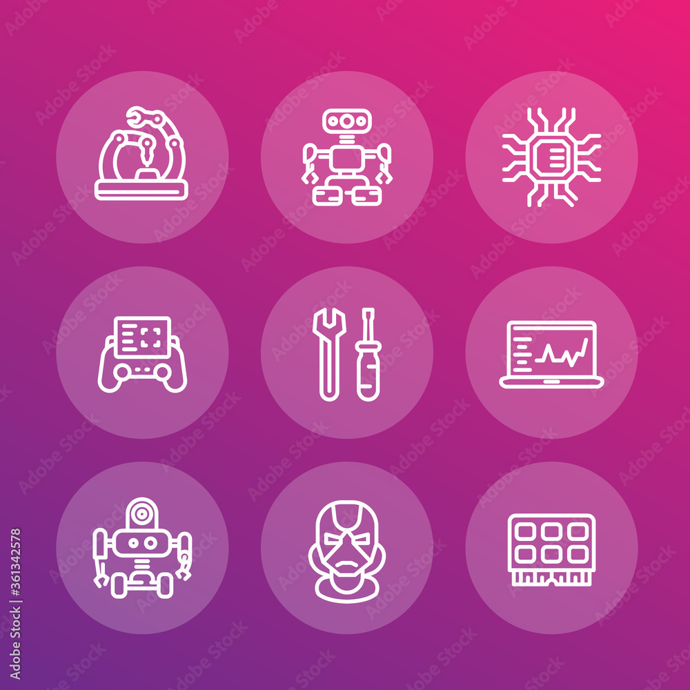 Robotics, mechanical engineering, robots linear icons set Robotics, mechanical engineering, robots linear icons set