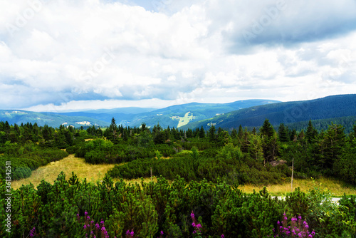 View of hiking trails and Karkonosze (Krkonose) mountains national park at the Poland and Czech Republic border.Scenic summer landscape with beautiful views. Spindlerov Mlyn is a popular tourist place photo