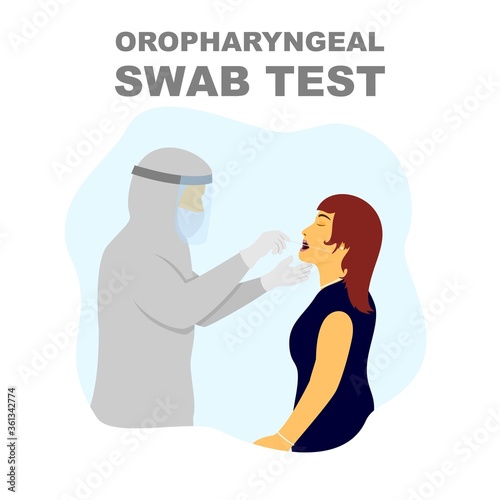 Medical worker taking corona virus medical check, oropharyngeal swab test using personal protective equipment vector illustration.