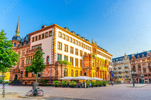 Wiesbaden City Palace Stadtschloss or New Town Hall Rathaus neo-classical style building on Schlossplatz Palace Square in historical city centre, blue sky background, State of Hesse, Germany