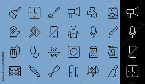 KITCHEN ICON Cooking process, Kitchen tools, Icon set, thin line vector has a blender, oven, knife, grater, barbecue, apron, barbecue, grill, coffee machine, kitchen glove, Editable stroke
