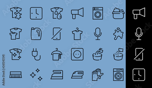 Simple set of washing related vector line Icons. Contains icons such as washing machine, powder, laundry, dirty t-shirt and much more. On a white background, editable stroke. 48x48 pixels perfect
