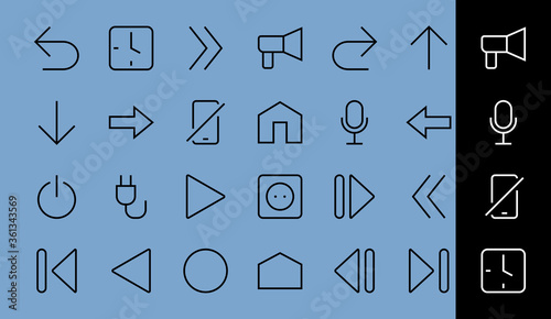 Set of line arrows, directions, arrows, contains icons such as pause, continuation, directly, to the right, Editable stroke. 480x480, On a white background, Vector illustration