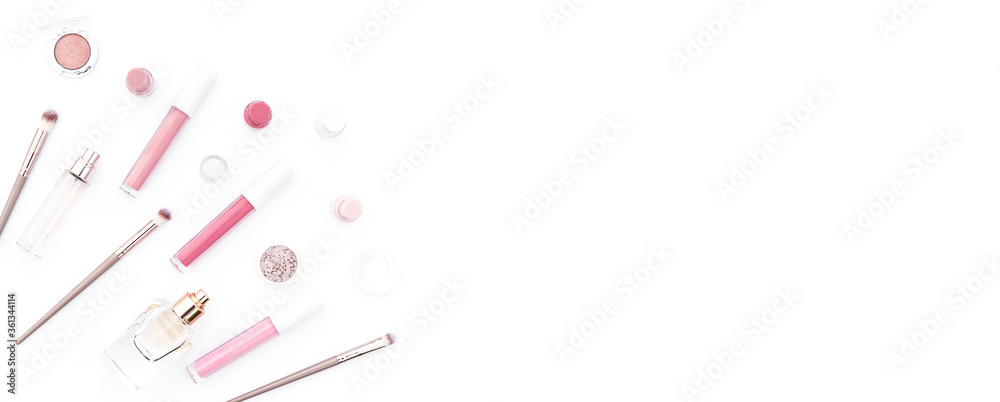 Trendy design template with pink cosmetics layout on white background. Flat lay style. Copy space. Mockup for your design. Web banner. Trendy design template with pink cosmetics layout on white background. Flat lay style. Copy space. Mockup for your design. Web banner.