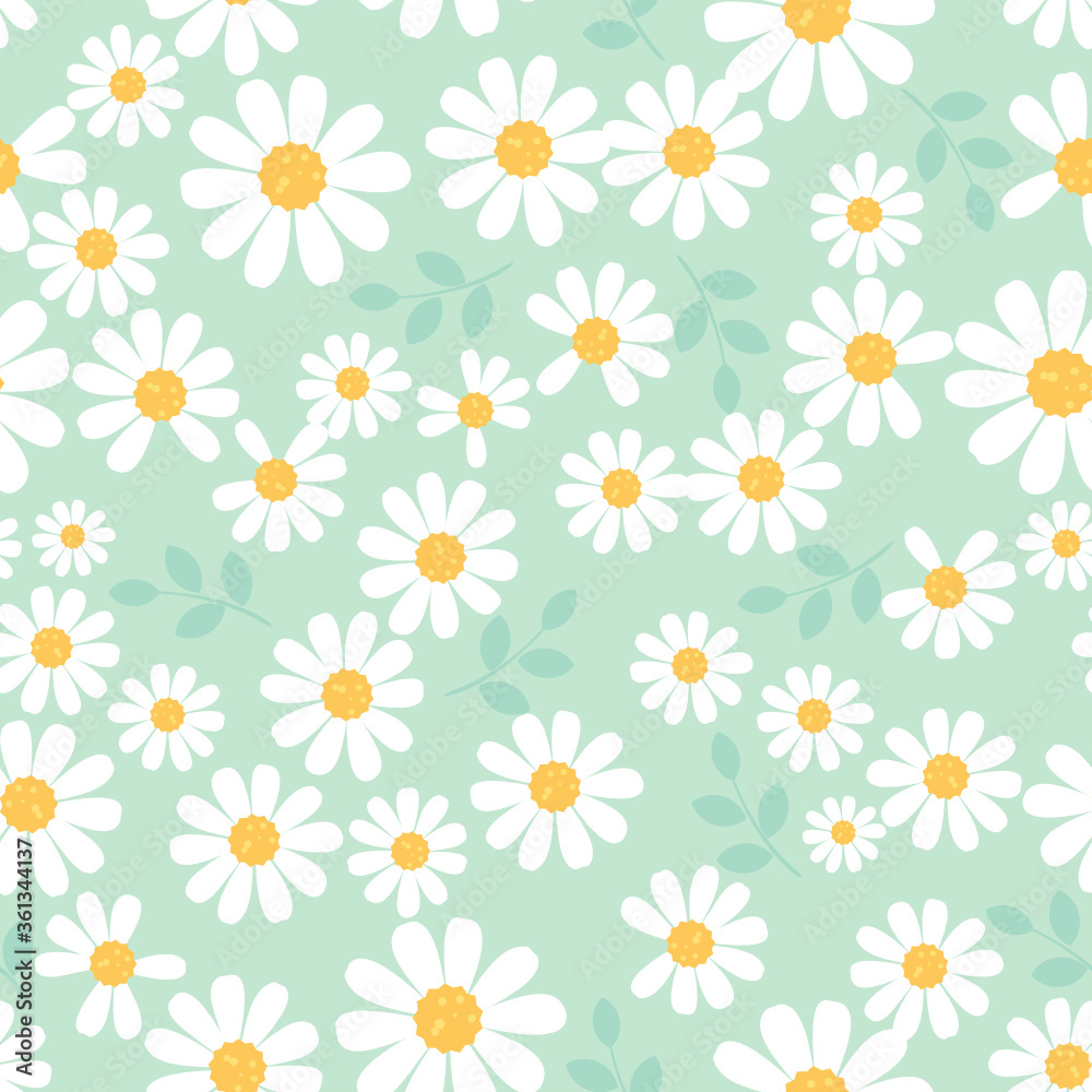 Seamless pattern with daisies and green leaves on green background vector.