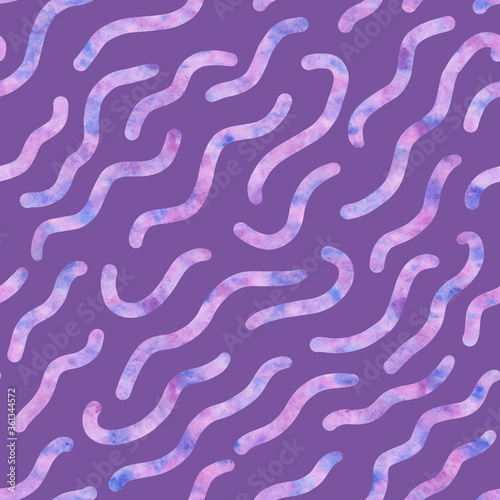 Watercolor pink stripes on purple background. Seamless pattern. Watercolor stock illustration. Sweet jelly candy worms. Diagonal stripes. Design for backgrounds  wallpapers  covers  textile  packaging