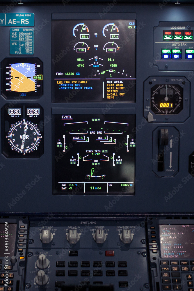 Control aviation panel of plane in cockpit. Plane cockpit with many ...