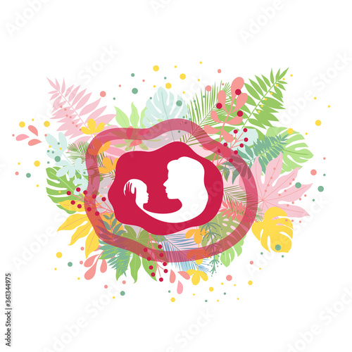 Happy Mothers Day silhouette woman and child and decorated by meadow plants and herbs. Vector