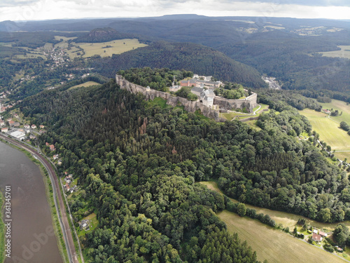 Aerial view of Königstein Fortress the "Saxon Bastille", a hilltop fortress near Dresden, in Saxon Switzerland, Germany, It is one of the largest hilltop fortifications in Europe.