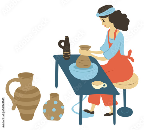 Woman making pots and jars from clay vector, isolated character with hobby. Lady sitting by table creating containers with hands, handmade products