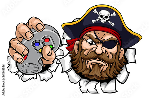 A pirate gamer mascot holding video game controller playing games cartoon character