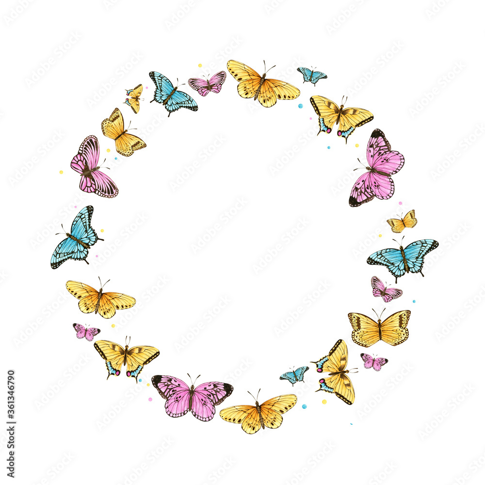 Watercolor butterfly round frame