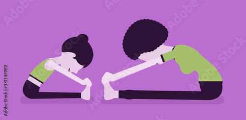 Family yoga, yogi mother, daughter in sport wear practicing yoga, doing Seated forward bend pose, paschimottanasana exercise, yogic practice together. Vector creative stylized illustration, side view