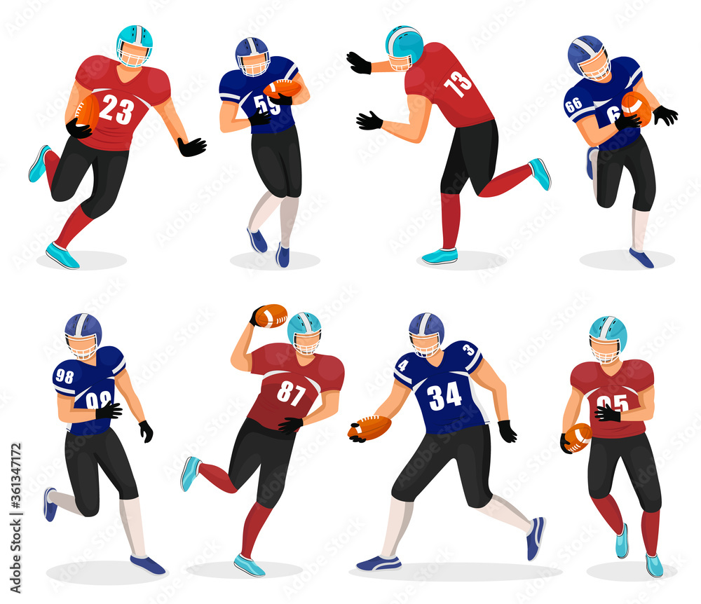 Naklejka Collection of American football players. Isolated gridiron team members playing popular field game. atheletes in uniforms running with ball. Agressive kind of sports, tennagers hobby, vector in flat