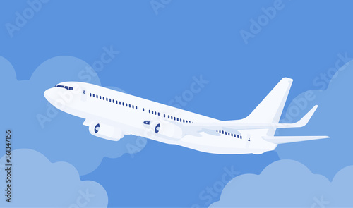 Passenger white plane taking off, airline aircraft departure, leaving the ground for flight. Airport business vehicle sky travel jet or holiday aviation tourism. Vector flat style cartoon illustration