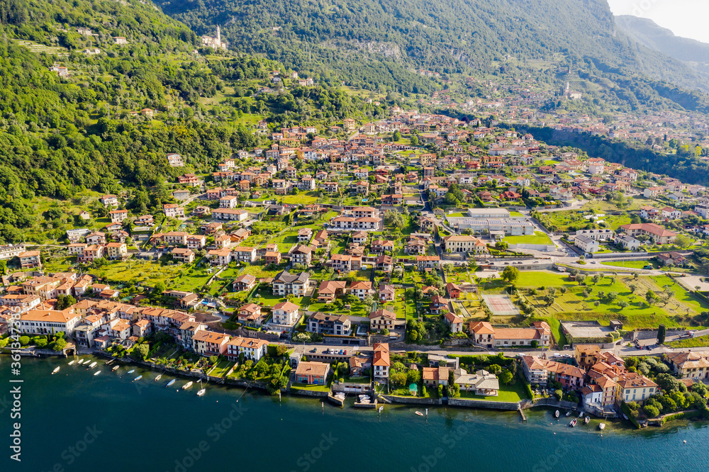 Town of Ossuccio, Como Lake, Italy, aerial view from the lake