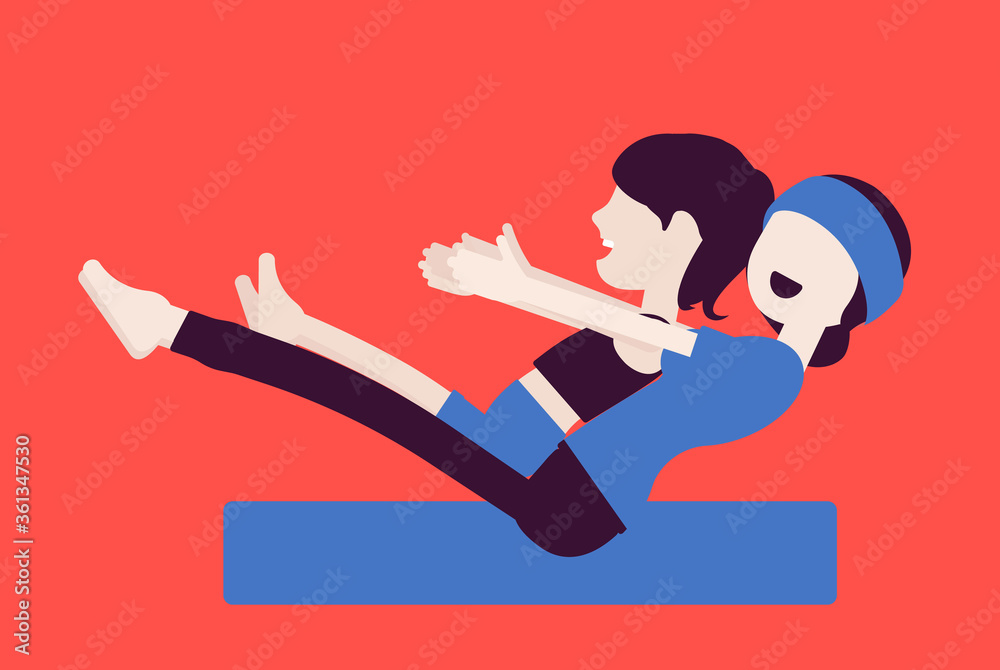 Family yoga, yogi mother and daughter in sport wear practicing yoga, doing boat balance pose, Paripurna, Navasana exercise, yogic practice together. Vector creative stylized illustration, side view Family yoga, yogi mother and daughter in sport wear practicing yoga, doing boat balance pose, Paripurna, Navasana exercise, yogic practice together. Vector creative stylized illustration, side view