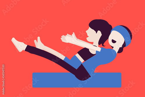 Family yoga, yogi mother and daughter in sport wear practicing yoga, doing boat balance pose, Paripurna, Navasana exercise, yogic practice together. Vector creative stylized illustration, side view