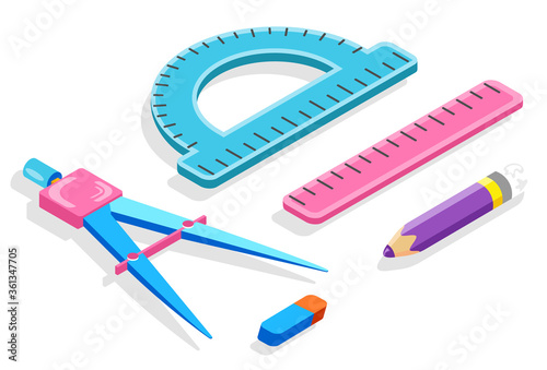 School stationery supplies, ruler and divider, pencil and eraser, protractor isolated objects vector. Geometry lesson and drawing or measuring tools. Back to school concept. Flat cartoon