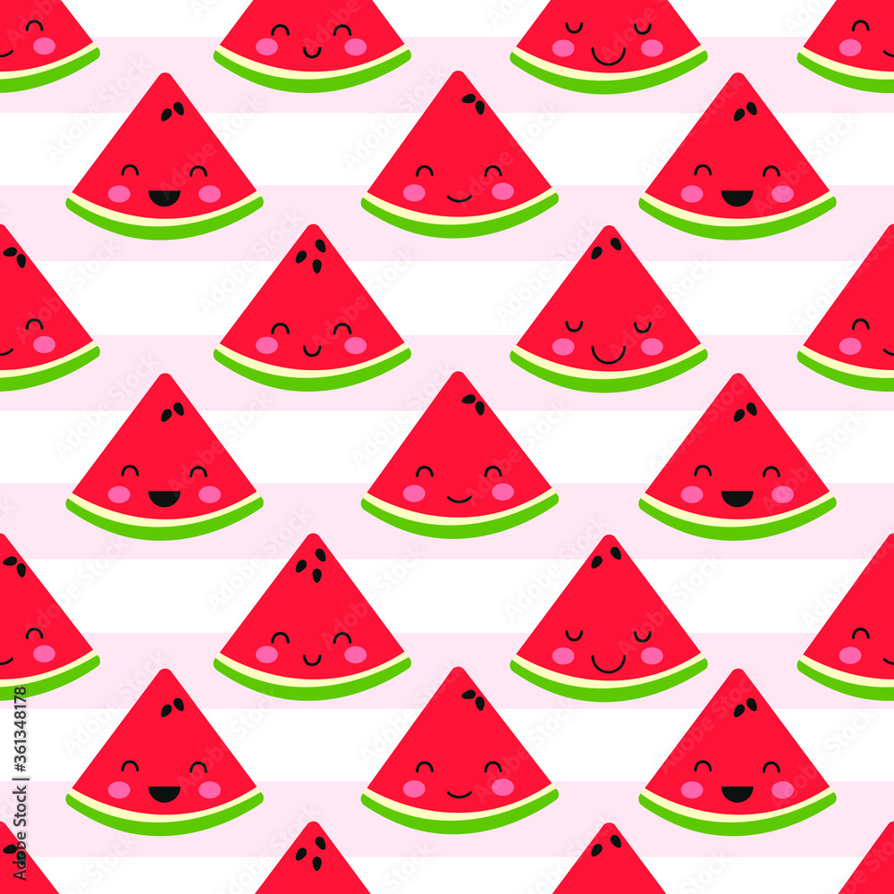 Seamless pattern with cute watermelon face, cartoon baby fruit on a striped background. Seamless pattern with cute watermelon face, cartoon baby fruit on a striped background.