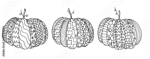 Vector set of 3 pumpkins for the coloring book. Black and white collection of Halloween objects. Hand-drawn monochrome sketch of autumn elements in doodle style.