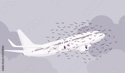 Passenger plane bird flock strike, ingestion and civil aircraft engine hit accident, collision causing vehicle sky travel jet damage or flight safety threat. Vector flat style cartoon illustration