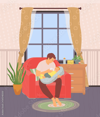 Father feeding baby from milk bottle, room interior design. Vector dad sitting on red armchair, chest of drawers and house plant in vase, cartoon style, concept for Father day