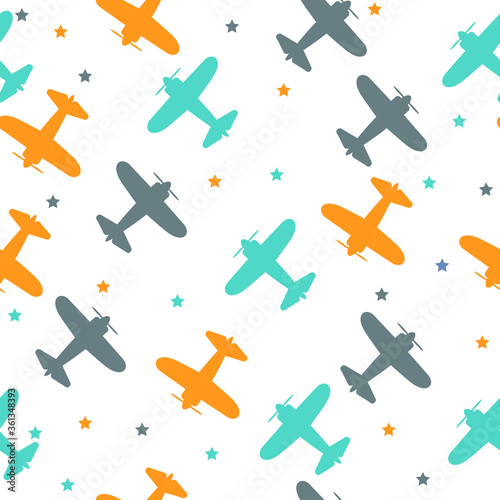 Kids seamless pattern with airplanes colorful.White background. Baby pattern. © Maria