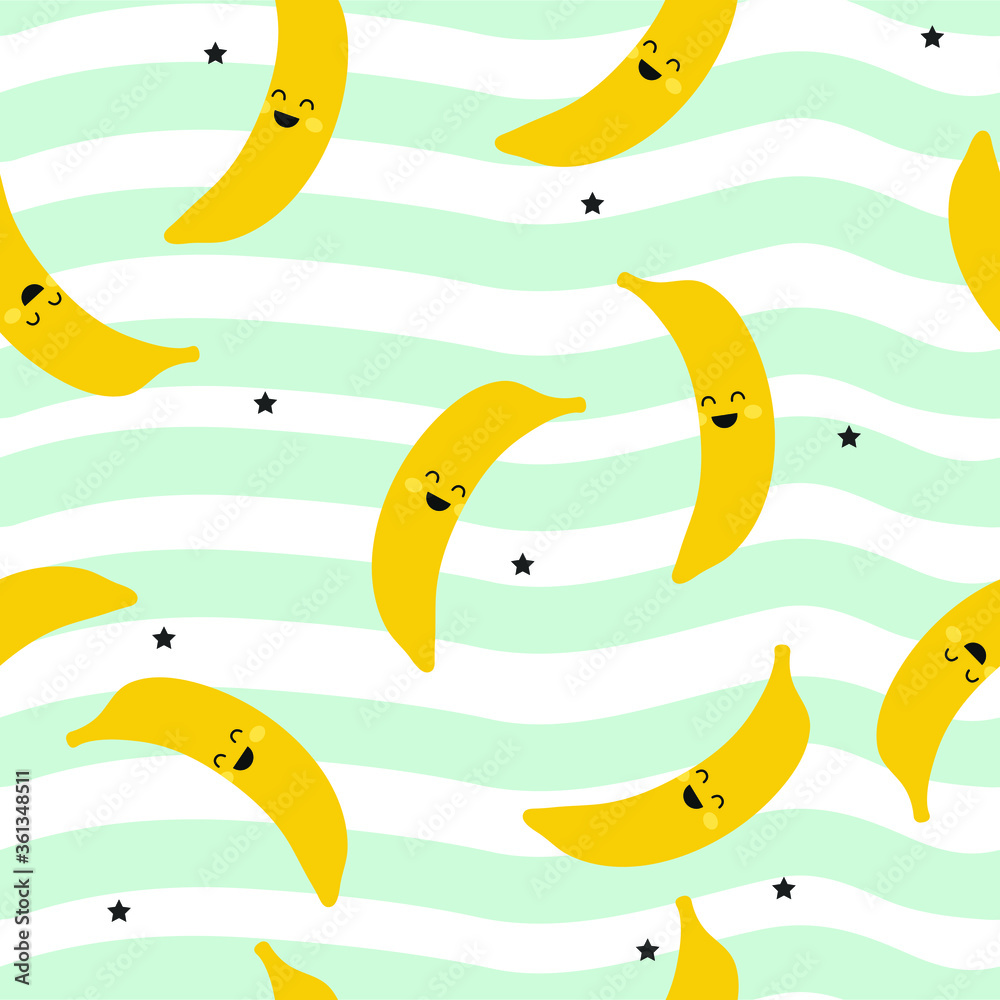 Seamless pattern with kawaii bananas, stars on a striped background. Seamless pattern with kawaii bananas, stars on a striped background.