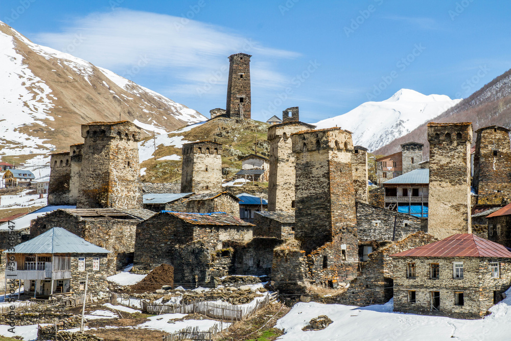 panorama in the village of Ushguli on ancient houses and mountains
