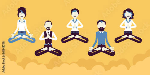 Office yoga group of business people practicing meditation, floating in calm sky, doing Padmasana pose, Lotus exercise, yogic restorative technique at work. Vector creative stylized illustration