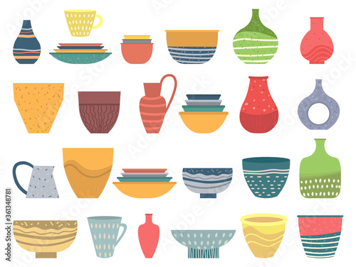 Set of striped vase isolated on white. Crockery decorative jar with waves ornament, color pot in flat style design, ceramic flowerpot. Handmade items from clay. Vase for flowers. Vector illustration