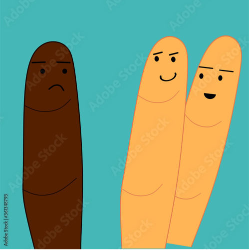 The concept of antagonism showing with black and white fingers with racial expressions on blue background.