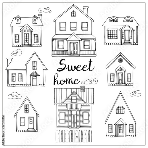 Houses set. Hand draw illustration black felt-tip pen. Pretty countryside sweet home in doodle style. 