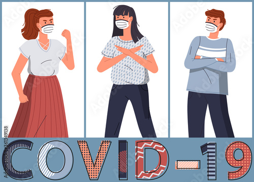 Set of vector cartoon characters at white background show stop gesture to spreading covid-19. Concept of world coronavirus epidemy. Two young girls and guy wearing face protective medical mask