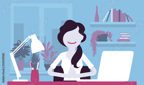 Office worker meditating to concentrate, yogi woman practicing yoga at workplace, doing Namaste hand gesture, Mudra pose, relaxation before, after hard work day. Vector creative stylized illustration