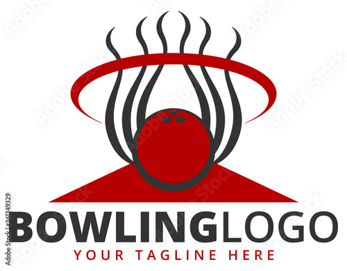 Bowling logo vector template with bowling ball and pins.