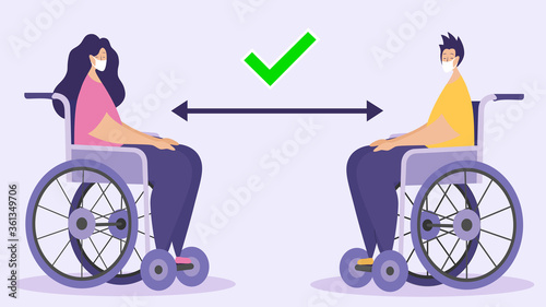 Disabled people keep distance during quarantine. The concept of understanding Covid-19. Promoting the concept of a vulnerable category. Vector illustration in a flat style.