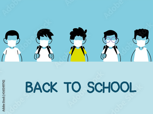 back to school, group of kids wearing face mask and social distancing