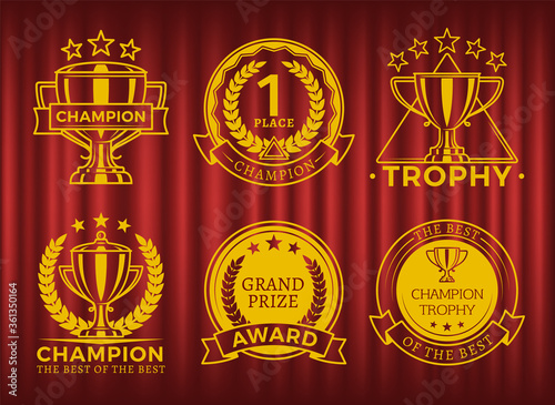 Rewards and seals for champions vector, badges isolated on red curtain background. Achievements for first place, laurel branch and stars leafs and cups