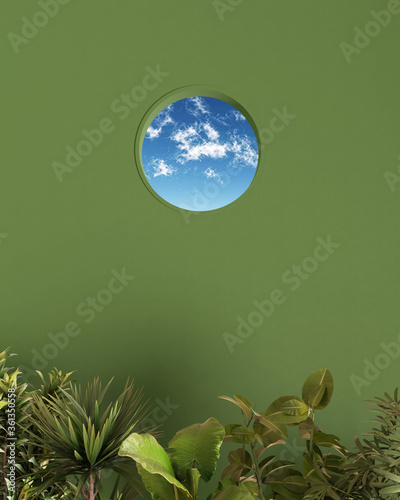 Green wall with round window over blue cloudy sky  terrace interior design  house green plants. Freedom and bright future concept idea
