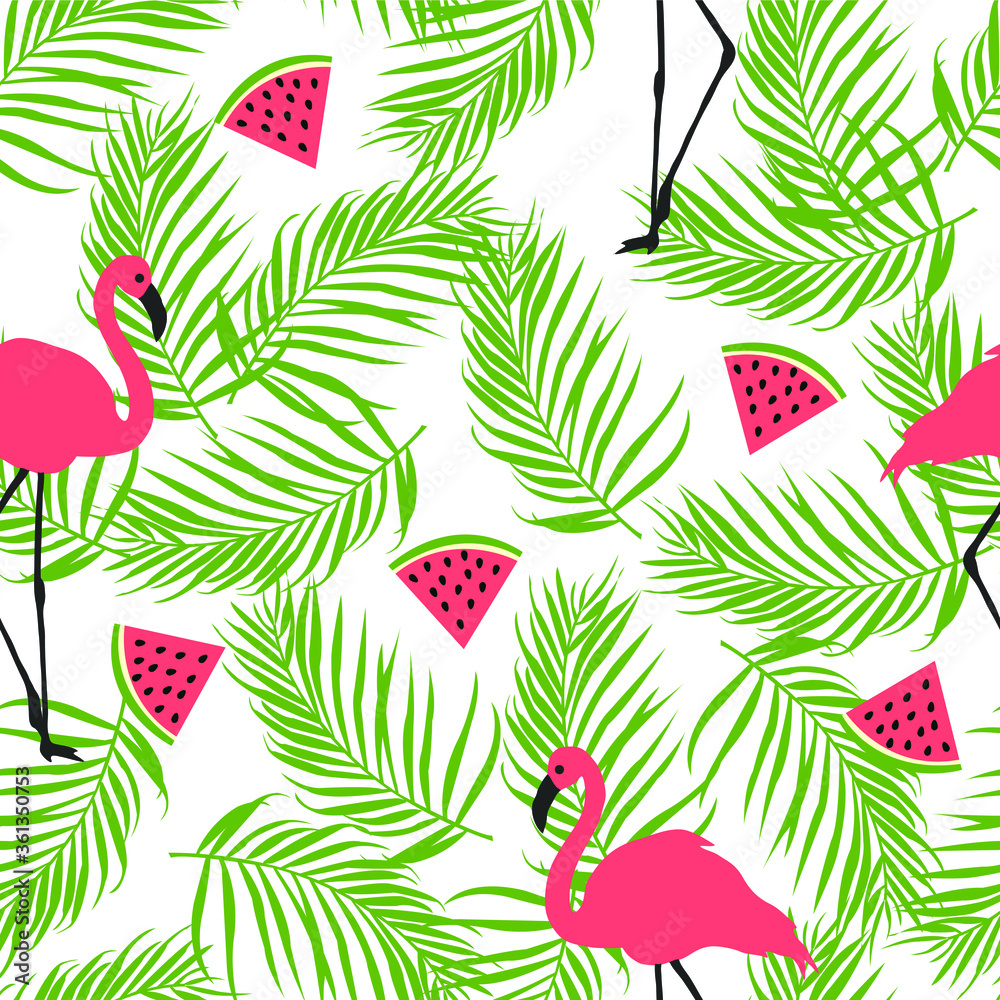 Summer pattern. Flamingo,palm leaves, stars, watermelon . Vector illustration. Summer pattern. Flamingo,palm leaves, stars, watermelon . Vector illustration.