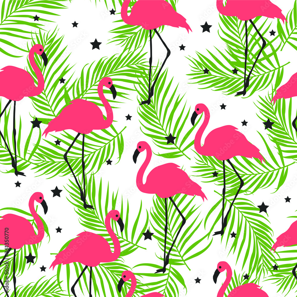 Naklejka premium Summer pattern. Flamingo,palm leaves, stars . Vector illustration.