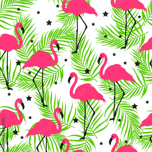 Summer pattern. Flamingo palm leaves  stars . Vector illustration.