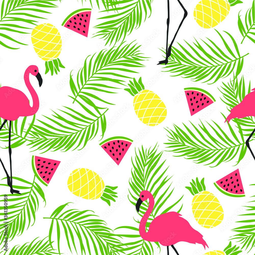 Seamless pattern with flamingo pineapples and watermelons. Vector illustration.