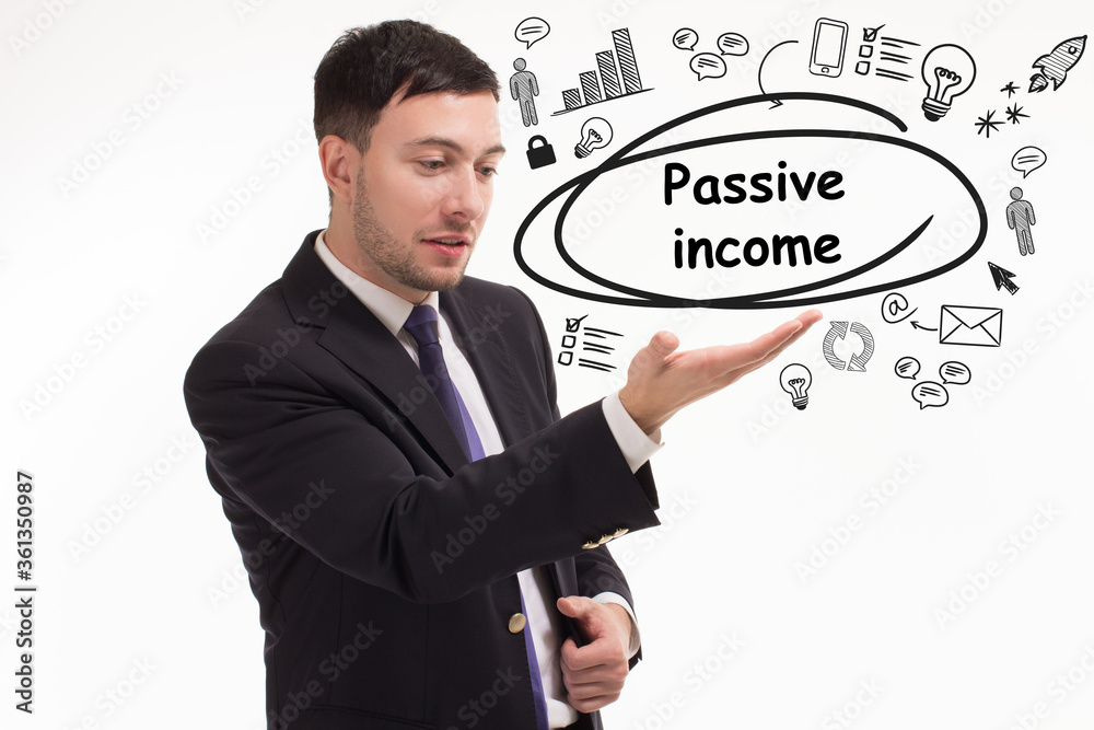 Business, technology, internet and network concept. Young businessman thinks over the steps for successful growth: Passive income