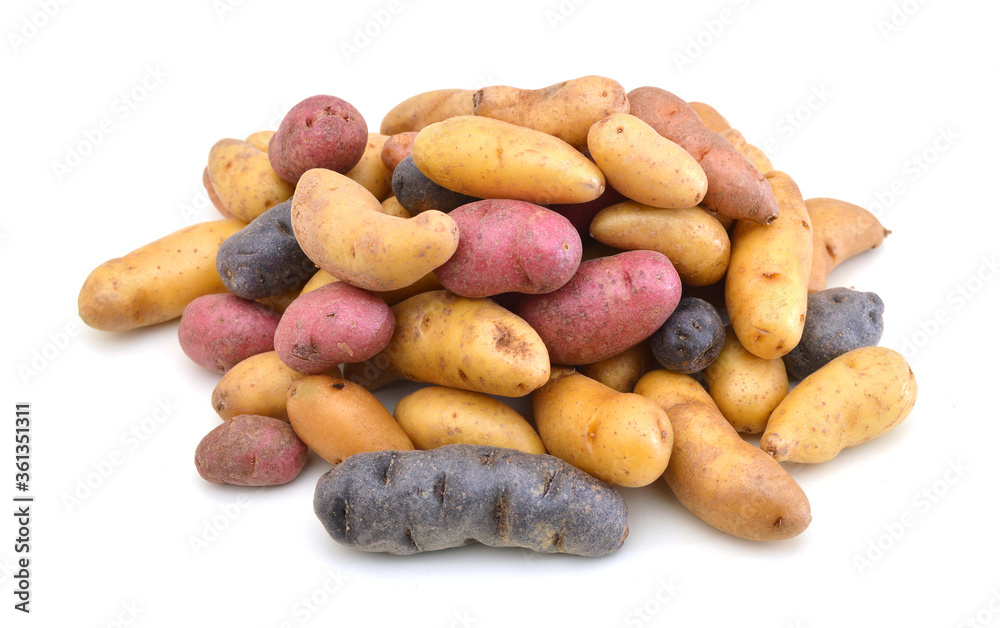 Fresh colorful potatoes red white blue on white background Fresh colorful potatoes red white blue on white background