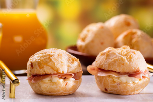 Brazilian cheese buns . Table coffee in the morning with cheese bread. photo