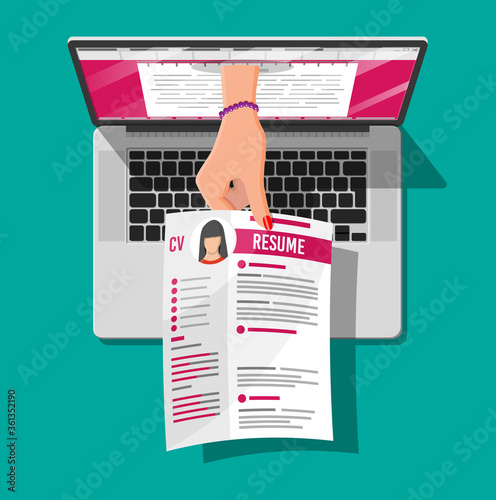 Job resume document out from laptop. Hand holding cv resume papers. Human resources management concept, searching professional staff, work. Found right resume. Vector illustration in flat style