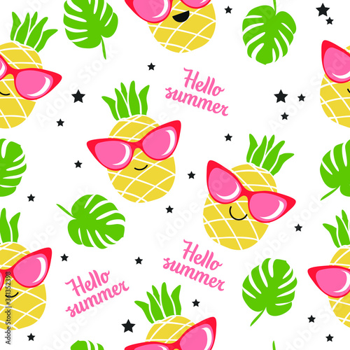 Seamless pattern with kawai pineapples palm leaves and stars. Vector illustration.